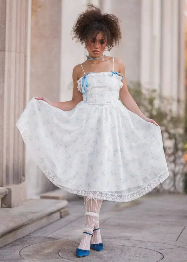 White Floral Dress with Blue Ribbon Accents White Floral Dress with Blue Ribbon Accents — Classy Coquette Outfits