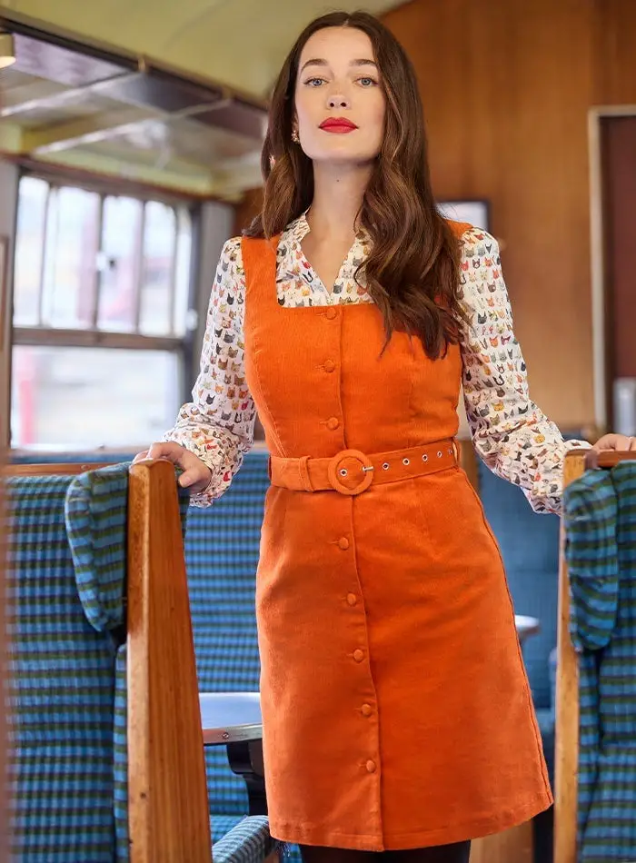 Bright Orange Corduroy Pinafore Dress With Belt Bright Orange Corduroy Pinafore Dress With Belt — Classy Corduroy Dress