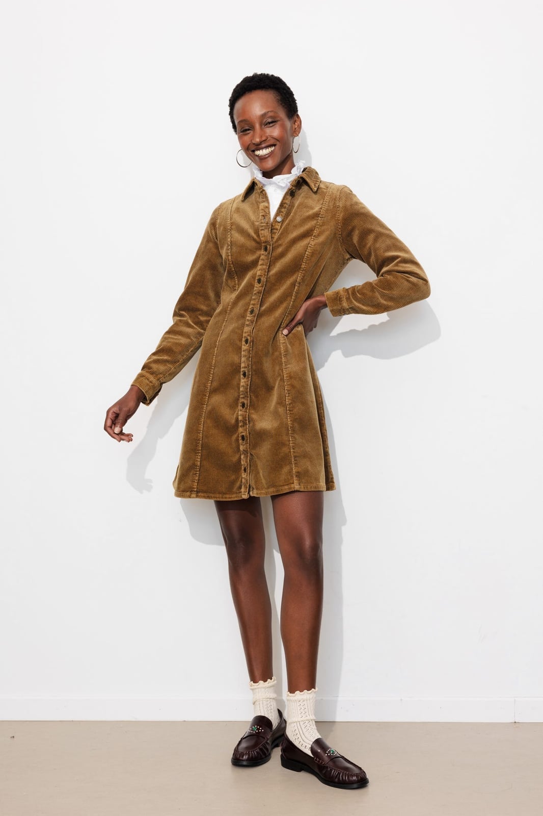 Brown Corduroy Button-Down Shirt Dress With Loafers Brown Corduroy Button-Down Shirt Dress With Loafers — Classy Corduroy Dress