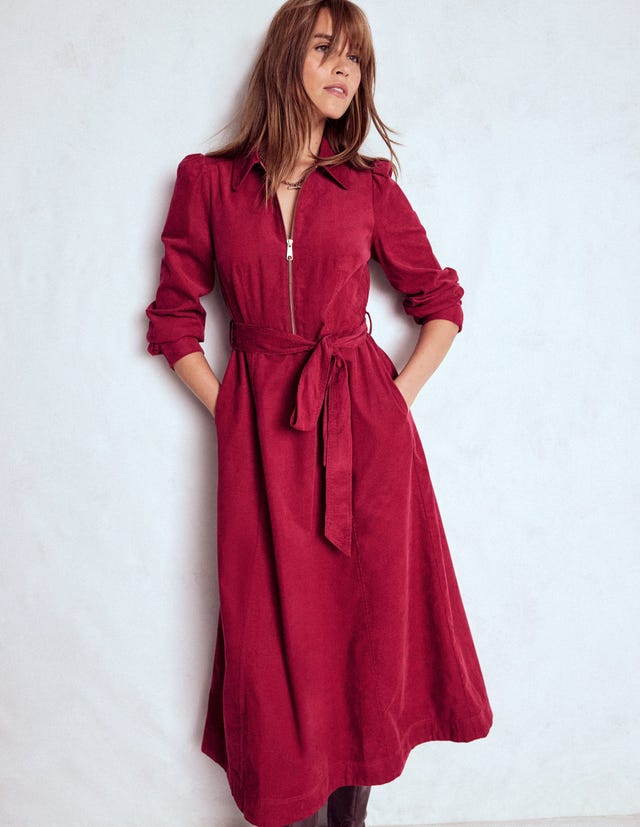 Red Corduroy Midi Shirt Dress With Tie Waist Red Corduroy Midi Shirt Dress With Tie Waist — Classy Corduroy Dress