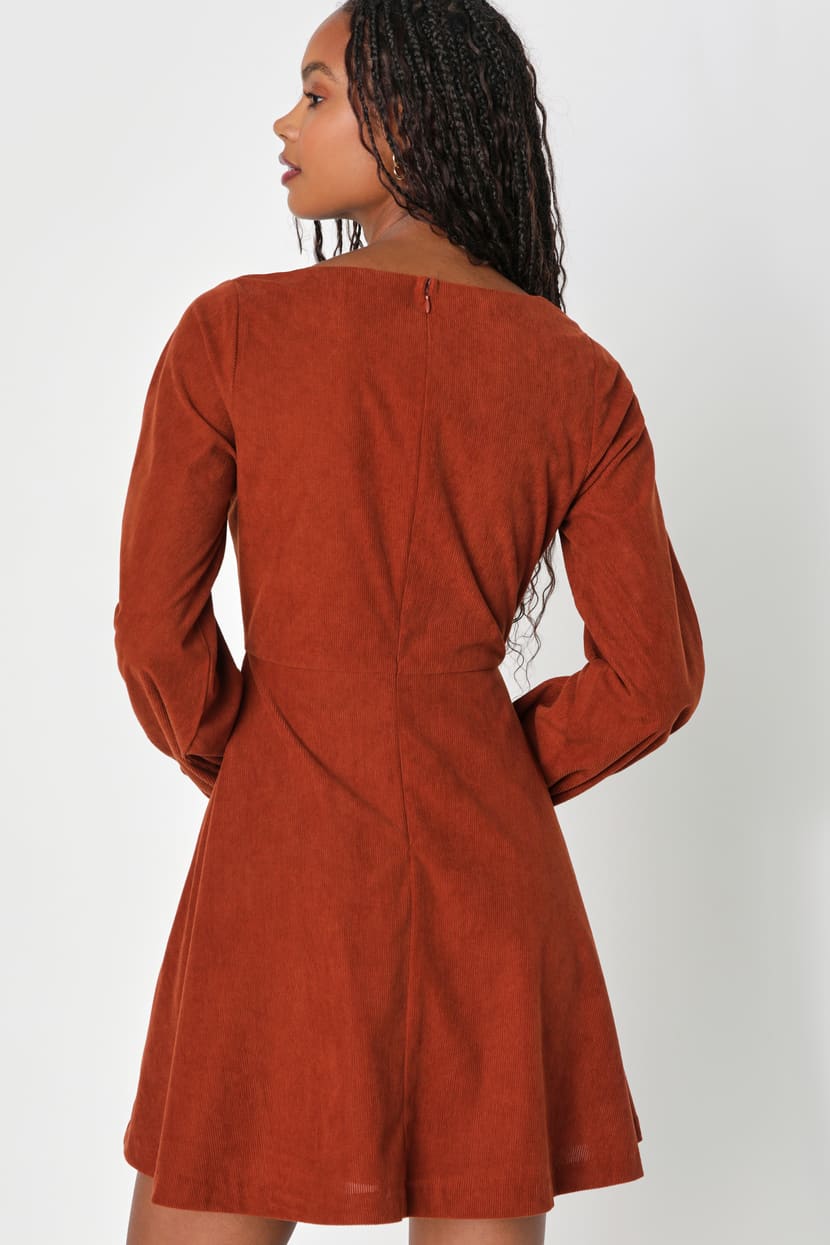 Rust Orange Corduroy Mini Dress With Balloon Sleeves Rust Orange Corduroy Mini Dress With Balloon Sleeves — Classy Corduroy Dress