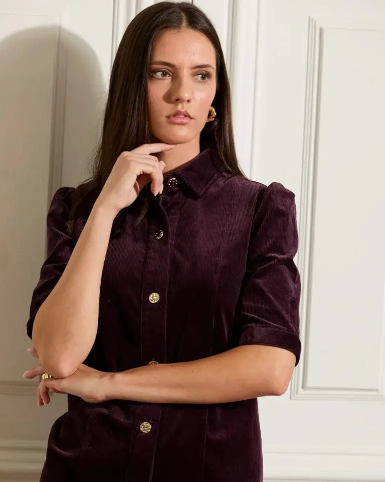 Burgundy Corduroy Shirt Dress Over Striped Top Burgundy Corduroy Shirt Dress Over Striped Top — Classy Corduroy Dress