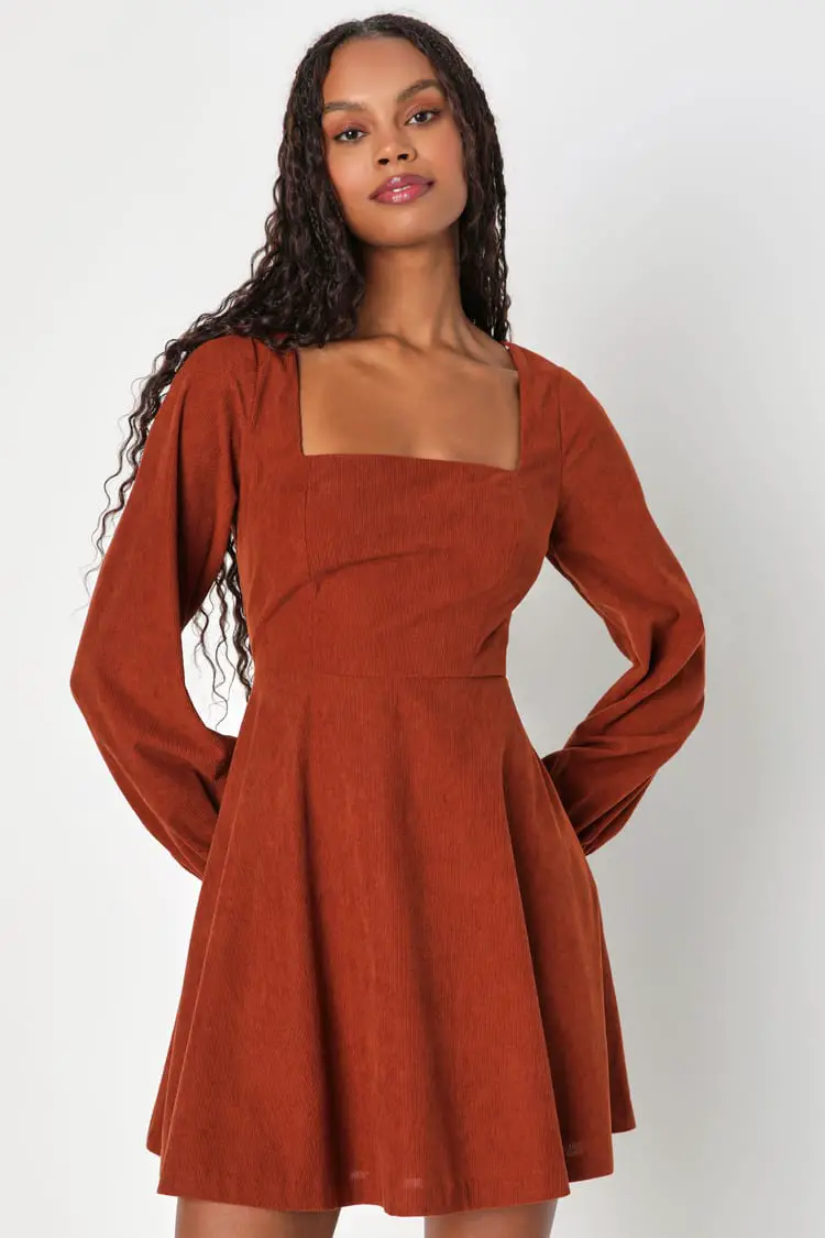 Rust Orange Corduroy Mini Dress With Square Neckline Rust Orange Corduroy Mini Dress With Square Neckline — Classy Corduroy Dress