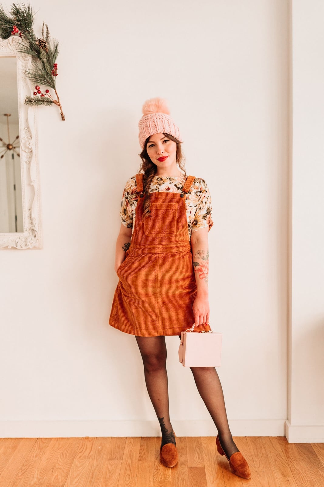 Orange Corduroy Overall Dress With Floral Blouse Orange Corduroy Overall Dress With Floral Blouse — Classy Corduroy Dress