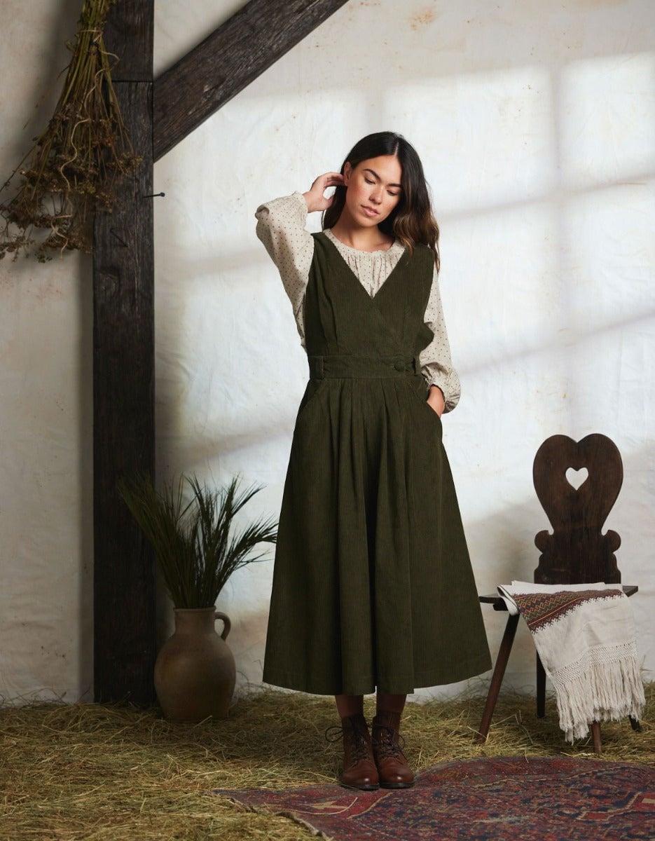 Olive Green Corduroy Pinafore Midi Dress With Blouse Olive Green Corduroy Pinafore Midi Dress With Blouse — Classy Corduroy Dress