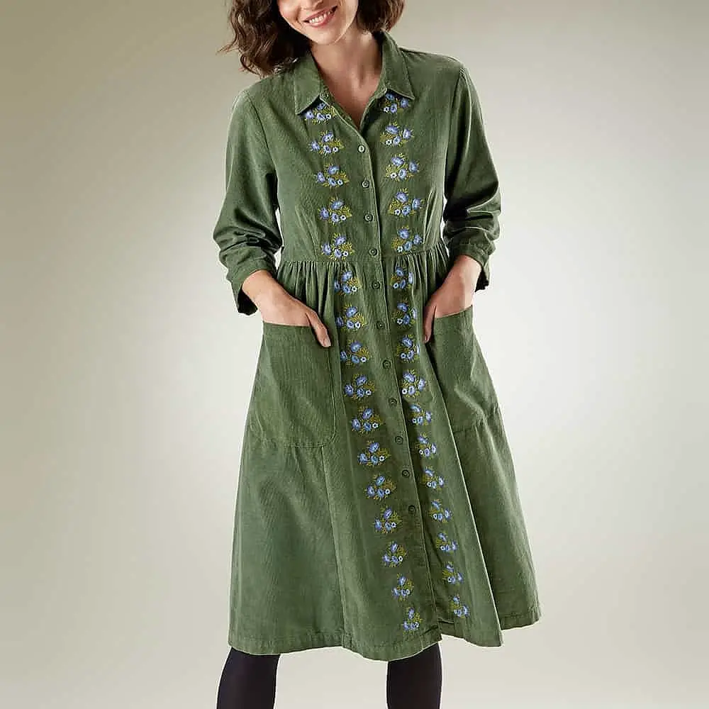 Olive Green Corduroy Dress With Floral Embroidery Olive Green Corduroy Dress With Floral Embroidery — Classy Corduroy Dress