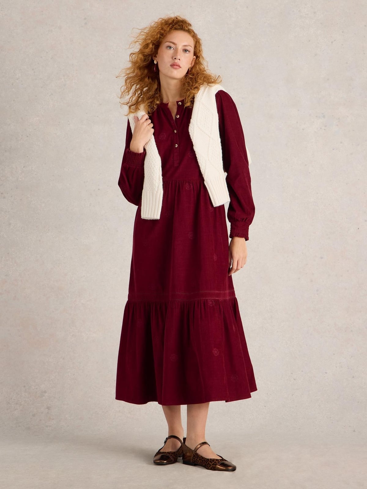 Burgundy Corduroy Midi Dress With Tiered Hem Burgundy Corduroy Midi Dress With Tiered Hem — Classy Corduroy Dress