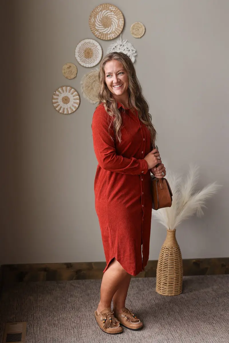Rust Corduroy Midi Shirt Dress With Tassel Moccasins Rust Corduroy Midi Shirt Dress With Tassel Moccasins — Classy Corduroy Dress