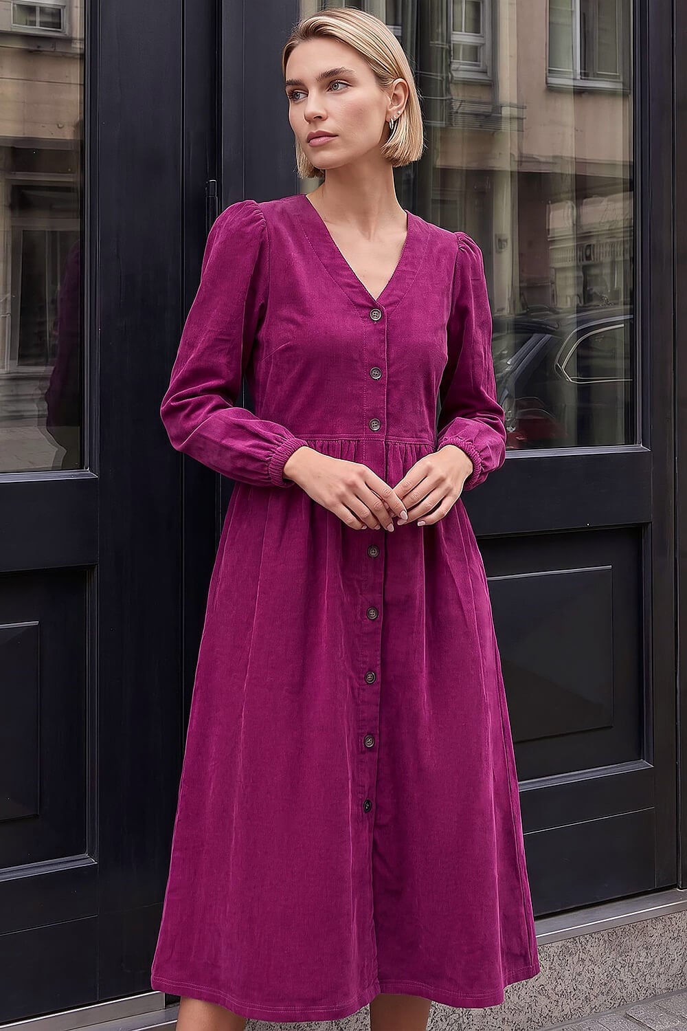 Magenta Corduroy Midi Dress With Button-Through Front Magenta Corduroy Midi Dress With Button-Through Front — Classy Corduroy Dress