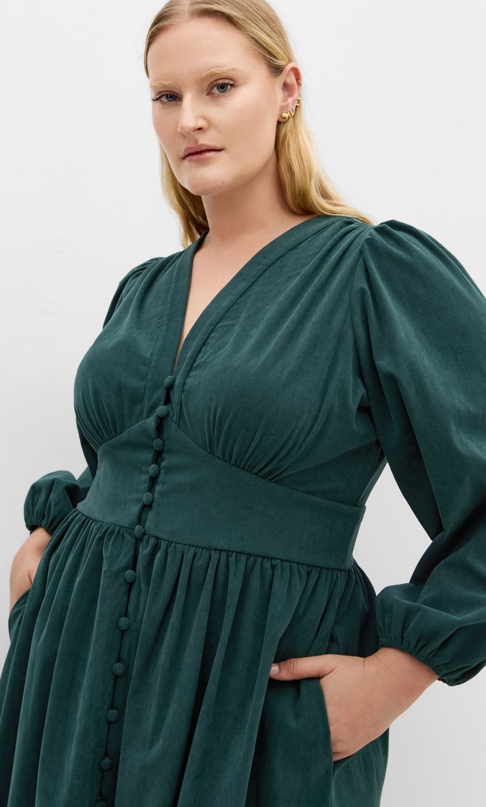 Deep Green Corduroy Dress With Puff Sleeves Deep Green Corduroy Dress With Puff Sleeves — Classy Corduroy Dress