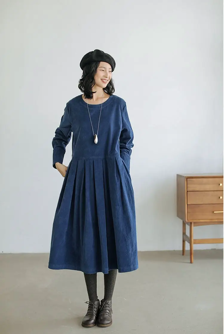 Deep Blue Corduroy Dress With Pleated Skirt Deep Blue Corduroy Dress With Pleated Skirt — Classy Corduroy Dress