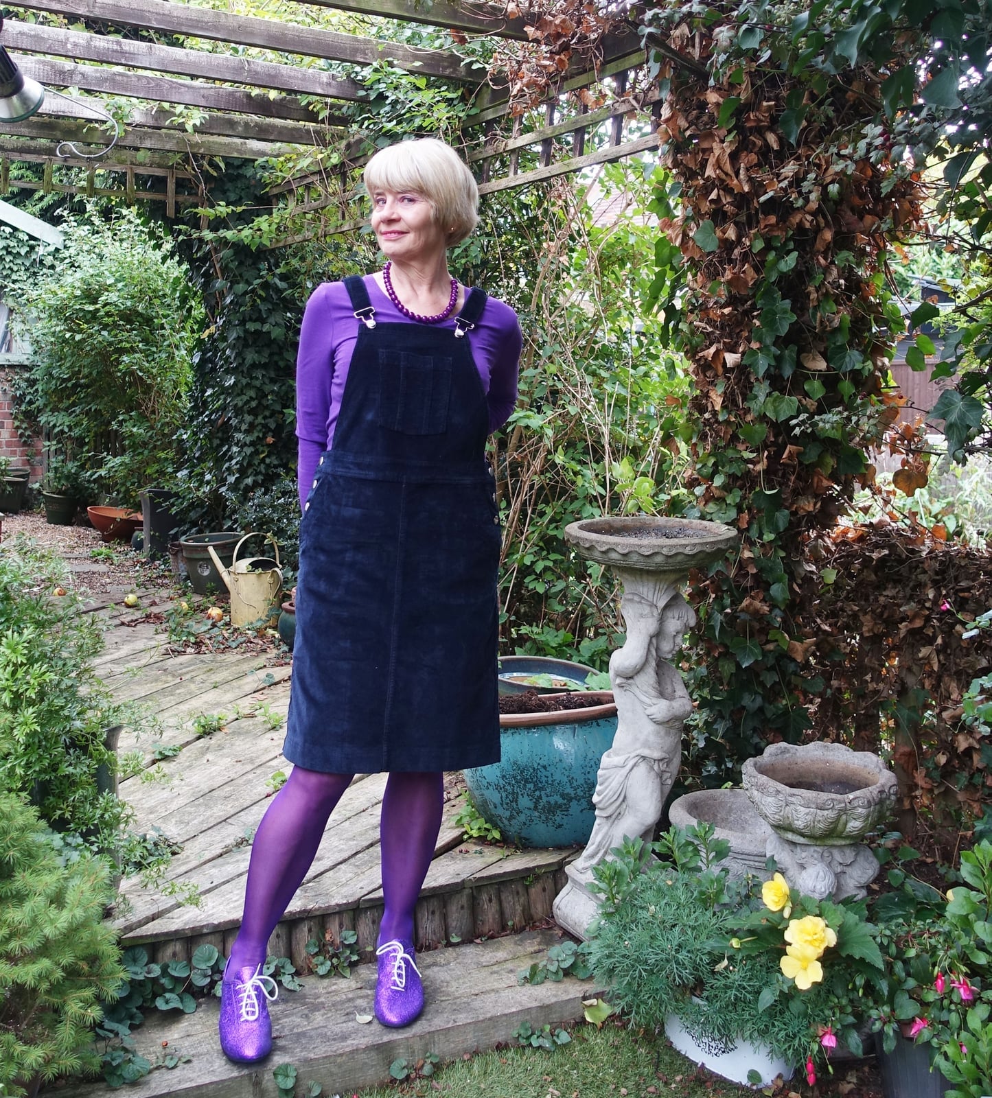 Navy Corduroy Pinafore Dress With Purple Top Navy Corduroy Pinafore Dress With Purple Top — Classy Corduroy Dress