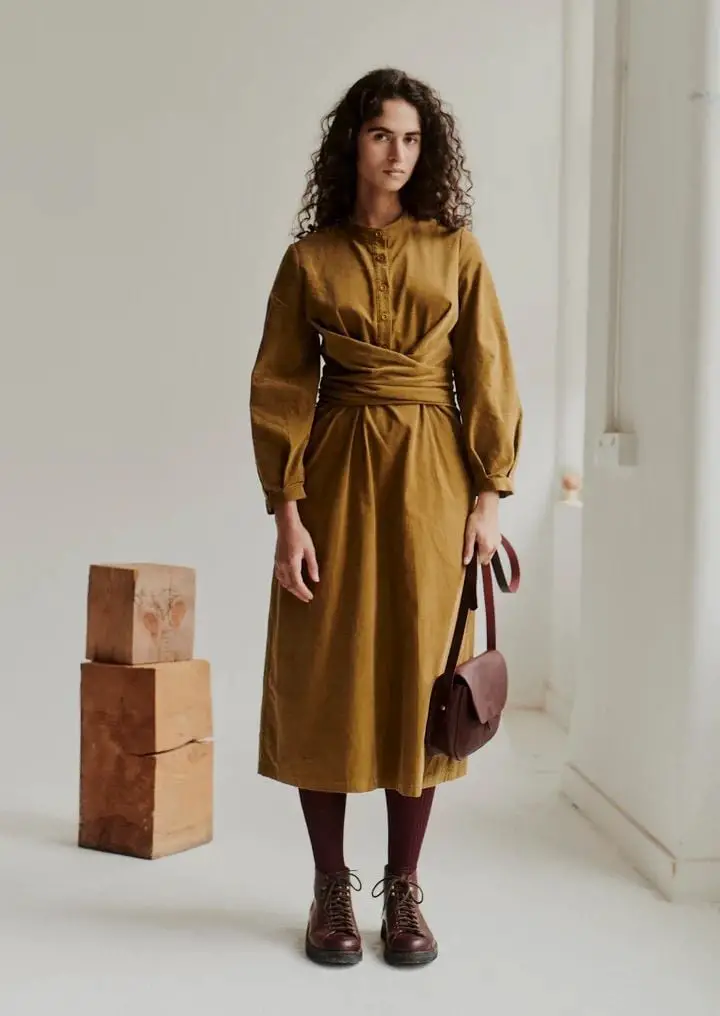 Ochre Corduroy Midi Dress With Belted Waist Ochre Corduroy Midi Dress With Belted Waist — Classy Corduroy Dress