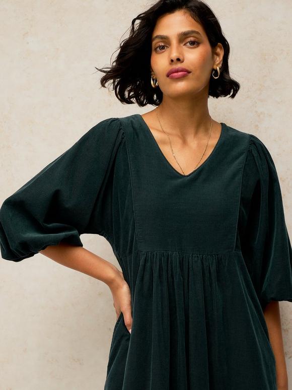 Dark Green Corduroy Dress With Voluminous Puff Sleeves Dark Green Corduroy Dress With Voluminous Puff Sleeves — Classy Corduroy Dress