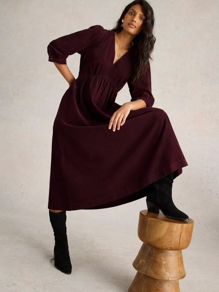 Deep Red Corduroy Midi Dress With Smocked Waist Deep Red Corduroy Midi Dress With Smocked Waist — Classy Corduroy Dress