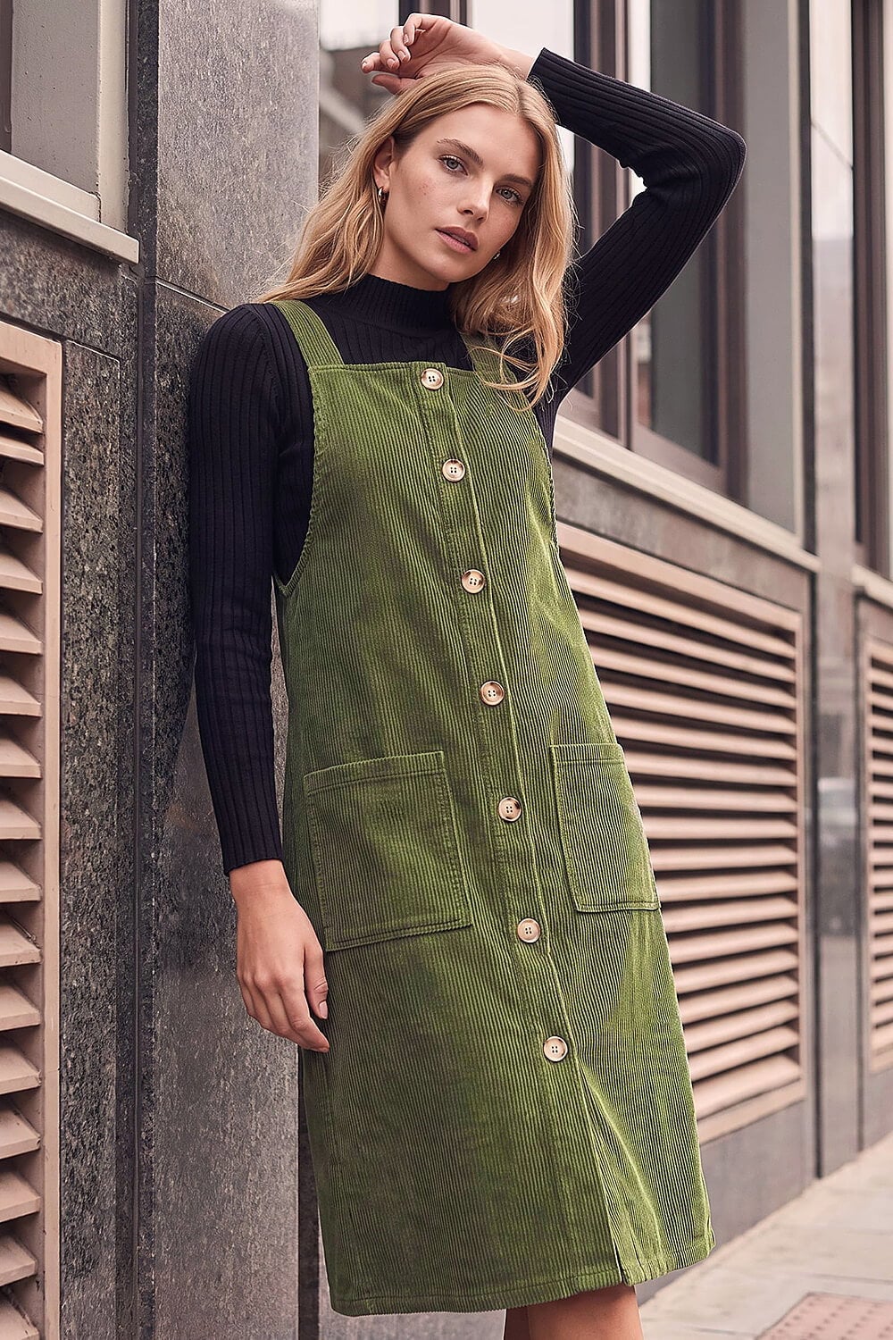 Green Corduroy Pinafore Midi Dress With Front Buttons Green Corduroy Pinafore Midi Dress With Front Buttons — Classy Corduroy Dress