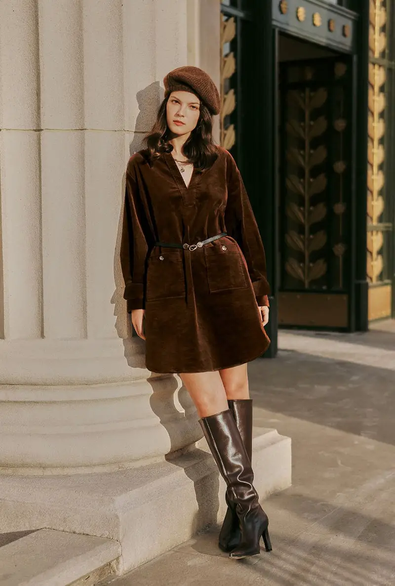 Dark Brown Corduroy Mini Dress With Belted Waist Dark Brown Corduroy Mini Dress With Belted Waist — Classy Corduroy Dress