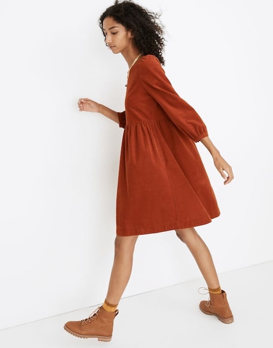 Burnt Orange Corduroy Babydoll Dress With Puff Sleeves Burnt Orange Corduroy Babydoll Dress With Puff Sleeves — Classy Corduroy Dress