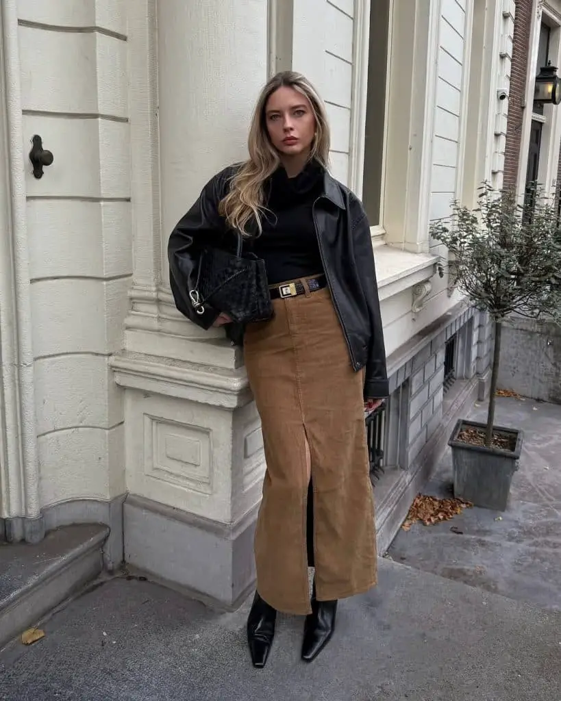 Tan Corduroy Maxi Skirt with a Black Turtleneck Tan Corduroy Maxi Skirt with a Black Turtleneck — Classy Corduroy Skirt Outfit