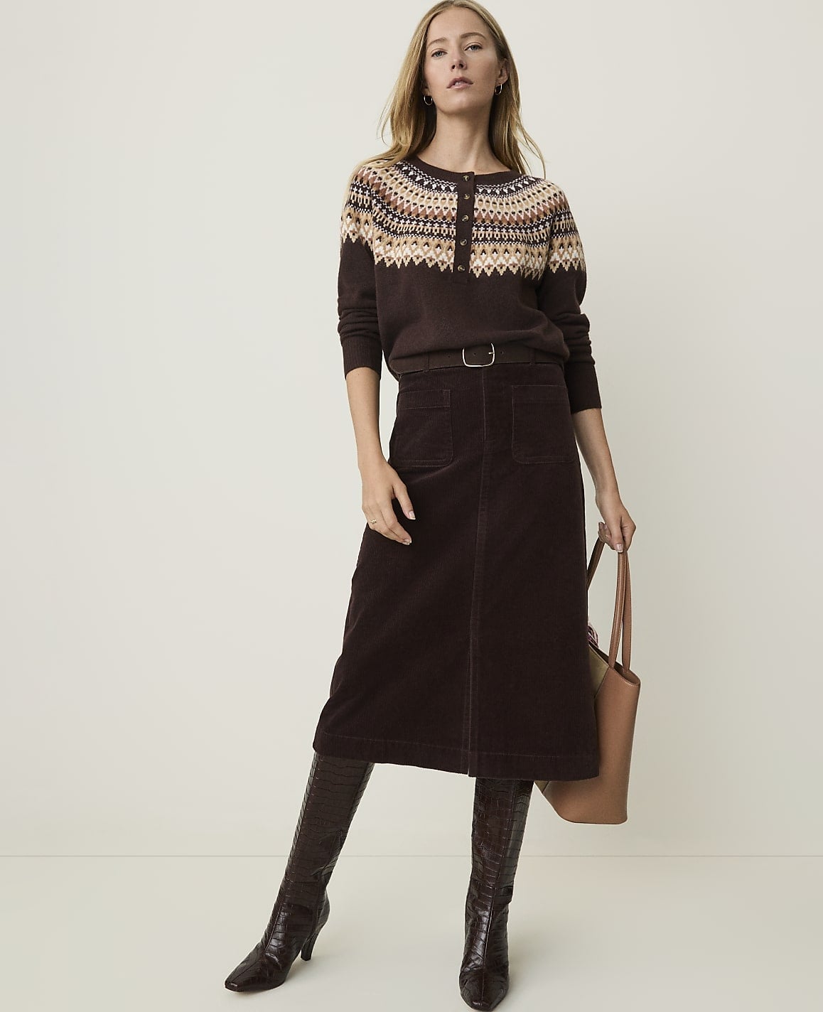 Brown Corduroy Midi Skirt with Fair Isle Sweater Brown Corduroy Midi Skirt with Fair Isle Sweater — Classy Corduroy Skirt Outfit