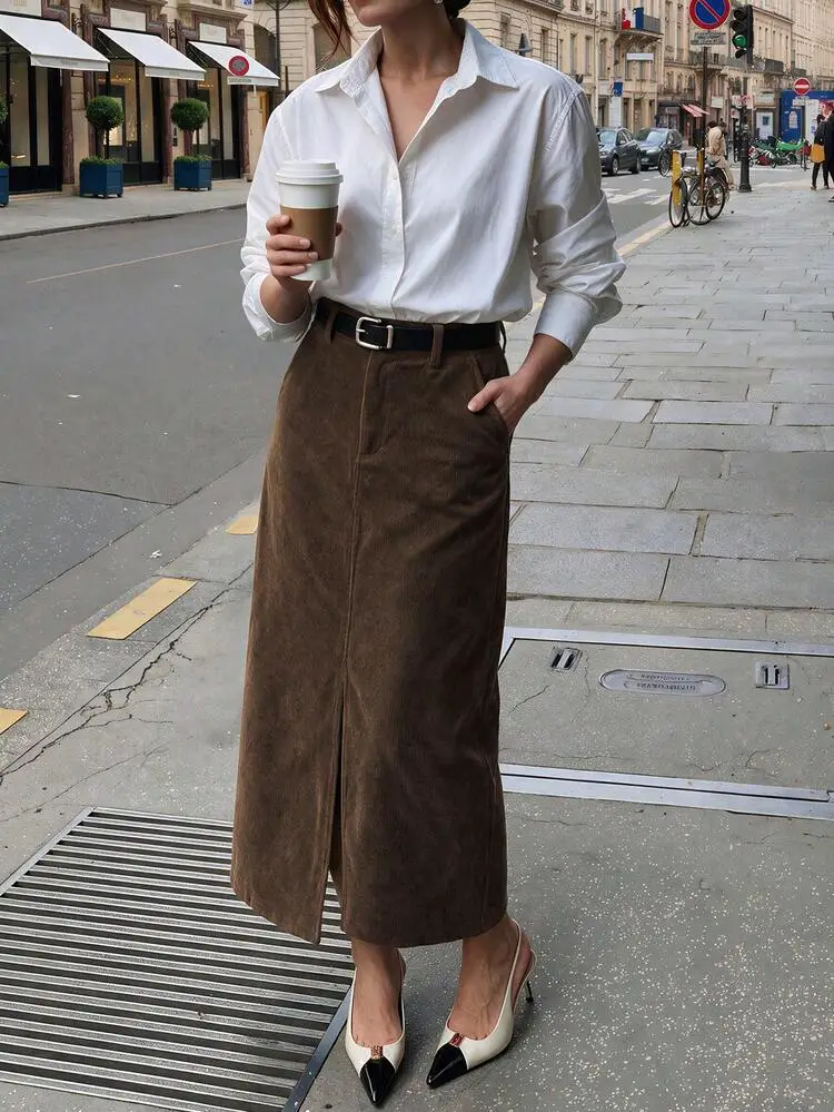 Brown Corduroy Midi Skirt with a White Button-Down Shirt Brown Corduroy Midi Skirt with a White Button-Down Shirt — Classy Corduroy Skirt Outfit