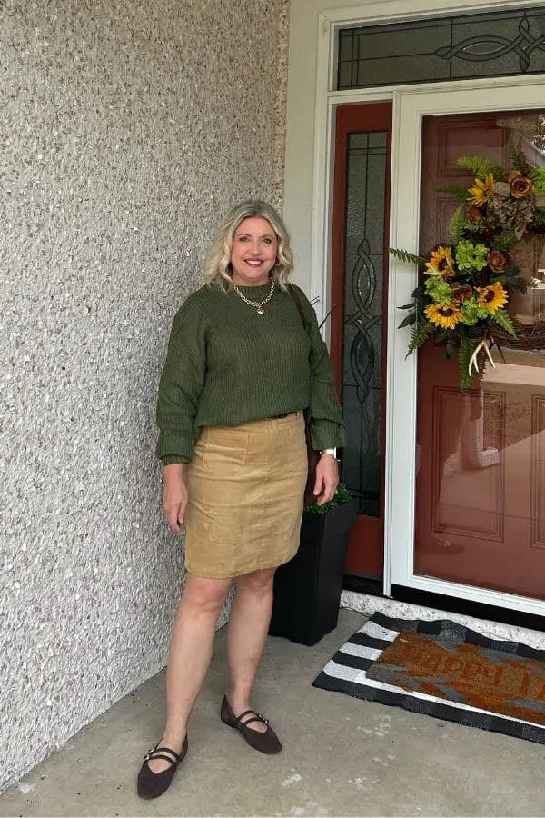Tan Corduroy Pencil Skirt with Green Knit Sweater Tan Corduroy Pencil Skirt with Green Knit Sweater — Classy Corduroy Skirt Outfit
