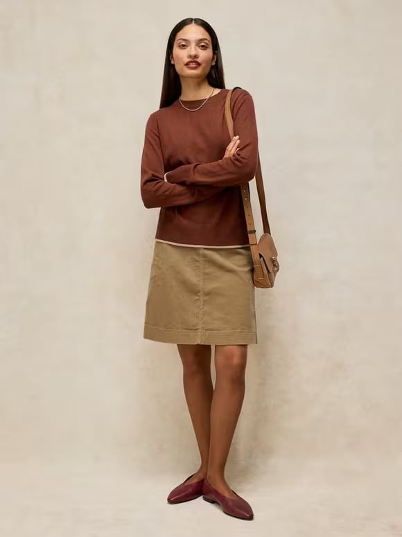 Beige Corduroy A-line Skirt with Brown Sweater Beige Corduroy A-line Skirt with Brown Sweater — Classy Corduroy Skirt Outfit