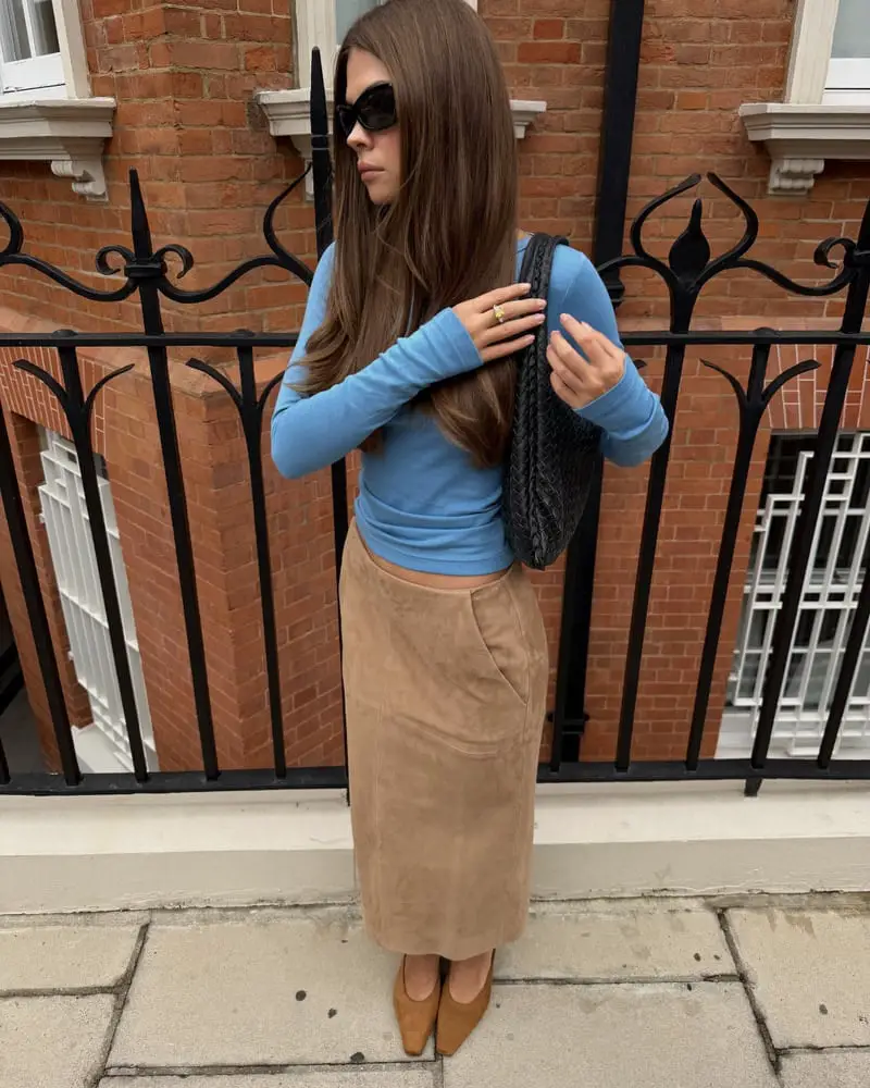 Tan Suede Midi Skirt with Blue Long-Sleeve Top Tan Suede Midi Skirt with Blue Long-Sleeve Top — Classy Corduroy Skirt Outfit