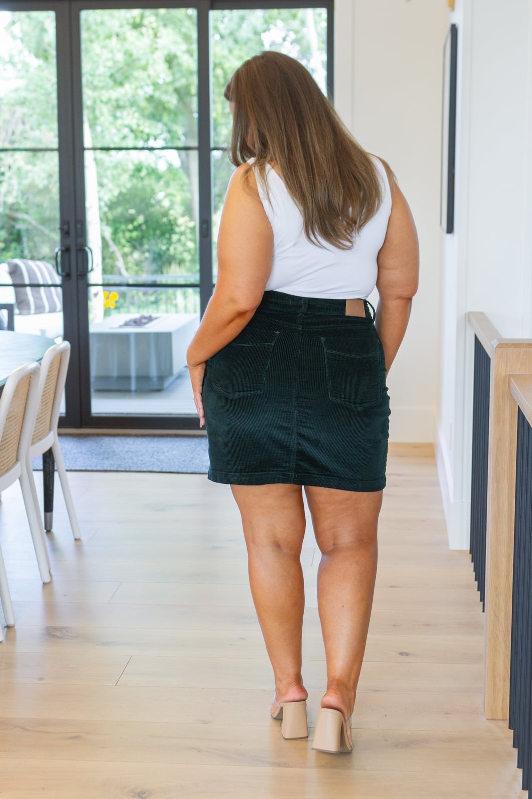 Dark Green Corduroy A-line Mini Skirt with White Tank Top Dark Green Corduroy A-line Mini Skirt with White Tank Top — Classy Corduroy Skirt Outfit