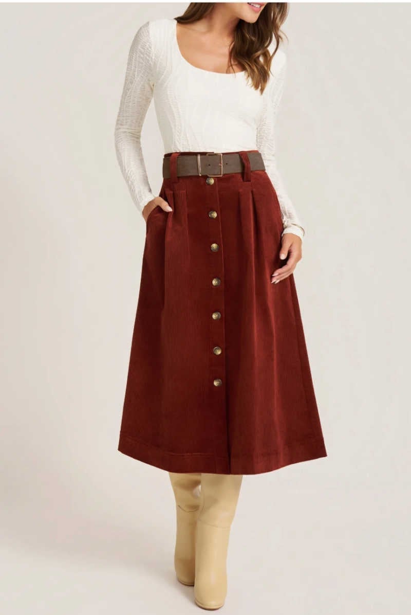 Rust Corduroy A-line Skirt with a White Top Rust Corduroy A-line Skirt with a White Top — Classy Corduroy Skirt Outfit