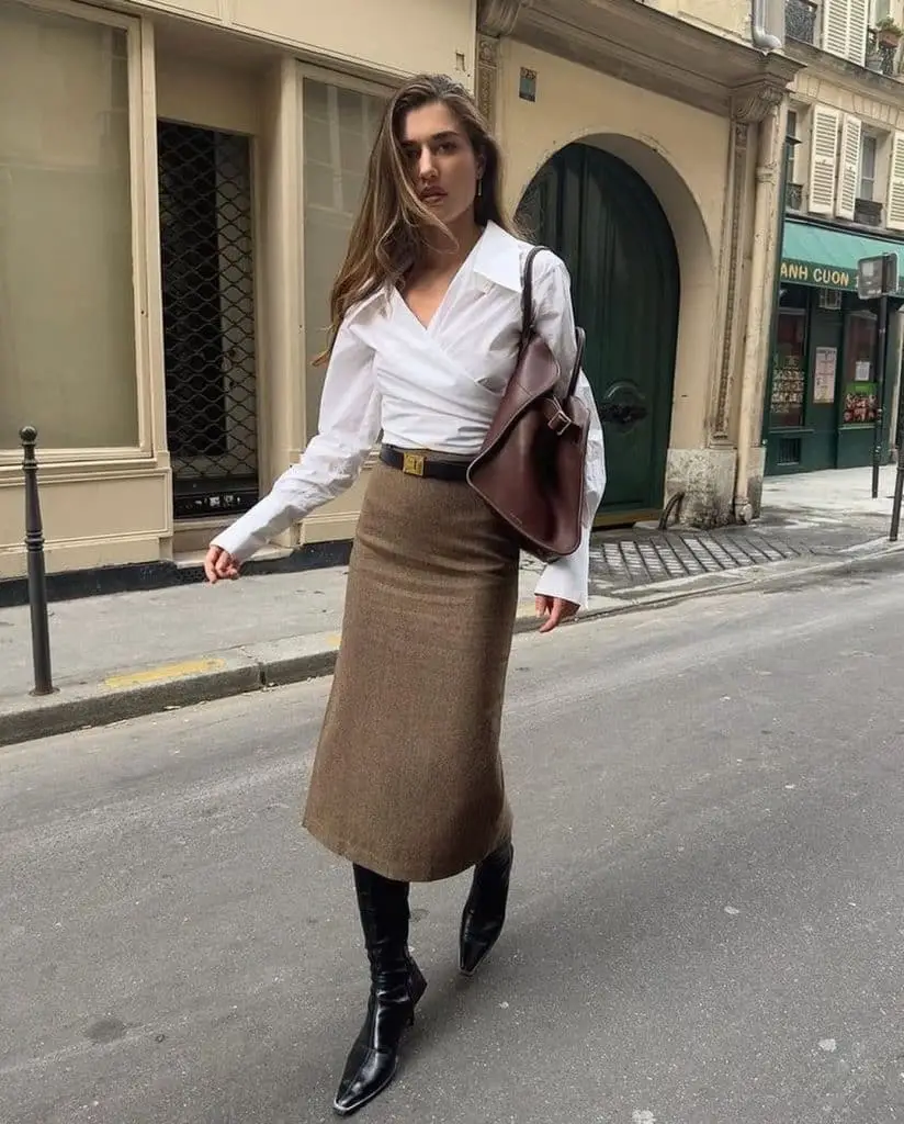 Brown Midi Skirt with a White Wrap Blouse Brown Midi Skirt with a White Wrap Blouse — Classy Corduroy Skirt Outfit