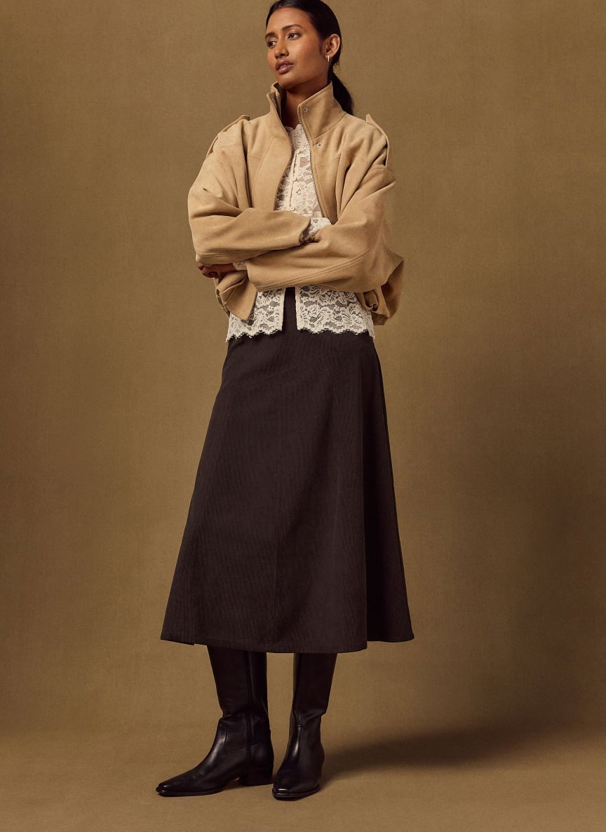 Dark Gray Corduroy A-line Skirt with a Lace Top Dark Gray Corduroy A-line Skirt with a Lace Top — Classy Corduroy Skirt Outfit