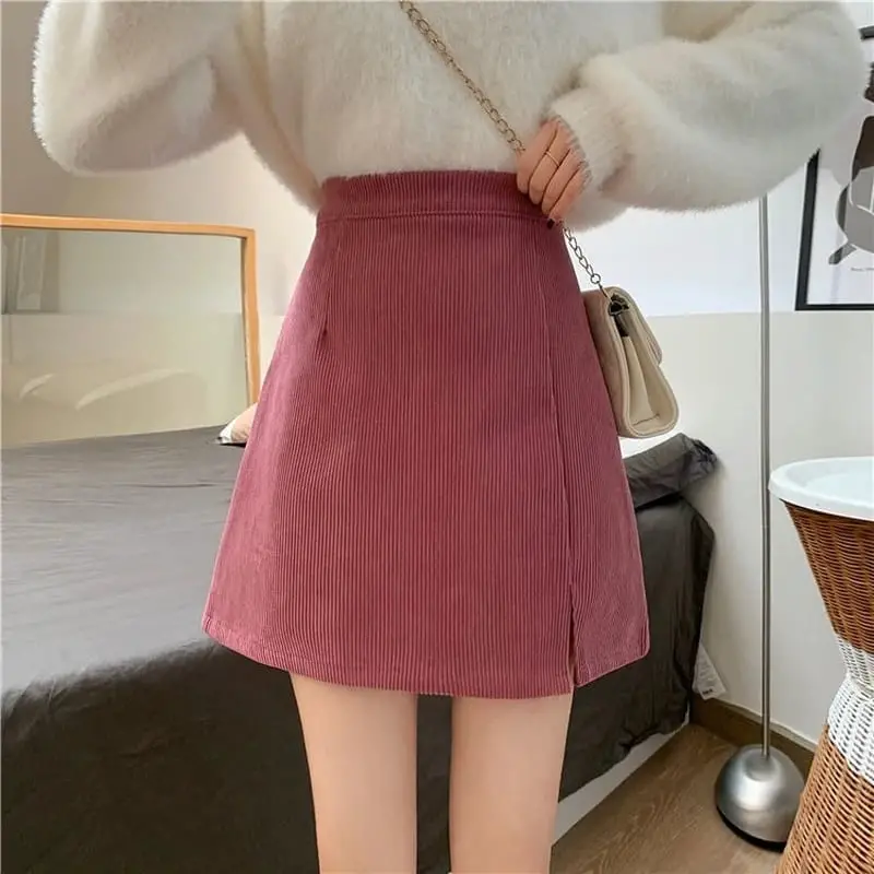 Pink Corduroy A-line Skirt with a Fluffy White Sweater Pink Corduroy A-line Skirt with a Fluffy White Sweater — Classy Corduroy Skirt Outfit