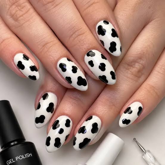 Classic Black and White Short Almond Cow Print, Glossy Classic Black and White Short Almond Cow Print, Glossy — Classy Cow Print Nails