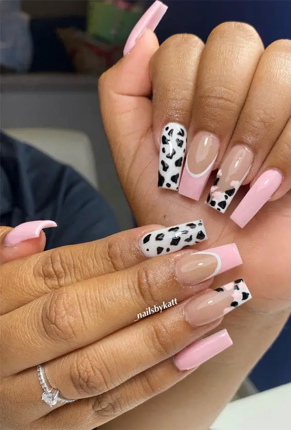Very Long Coffin Pink Nails with Cow Print French Very Long Coffin Pink Nails with Cow Print French — Classy Cow Print Nails