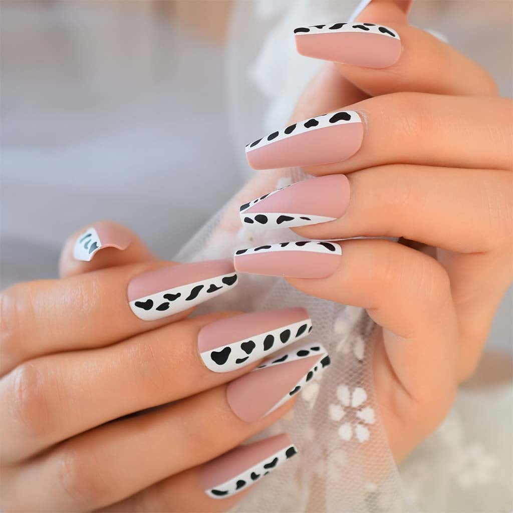 Long Coffin Matte Pink with Glossy Cow Print Accents Long Coffin Matte Pink with Glossy Cow Print Accents — Classy Cow Print Nails