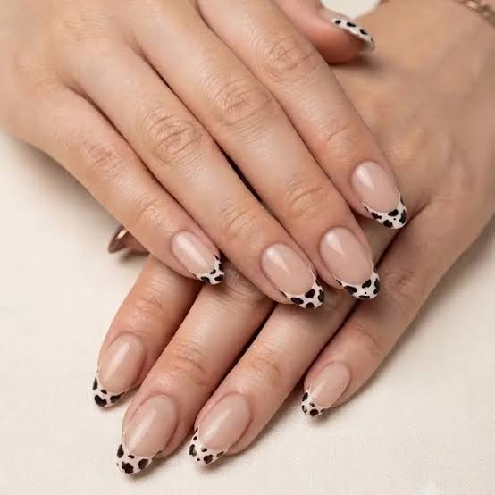 Nude Sheer Medium Almond Cow Print French Tips Nude Sheer Medium Almond Cow Print French Tips — Classy Cow Print Nails