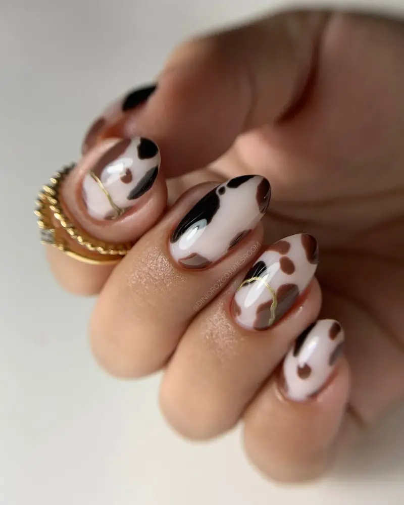 Subtle Nude Short Almond Cow Print French Line Subtle Nude Short Almond Cow Print French Line — Classy Cow Print Nails