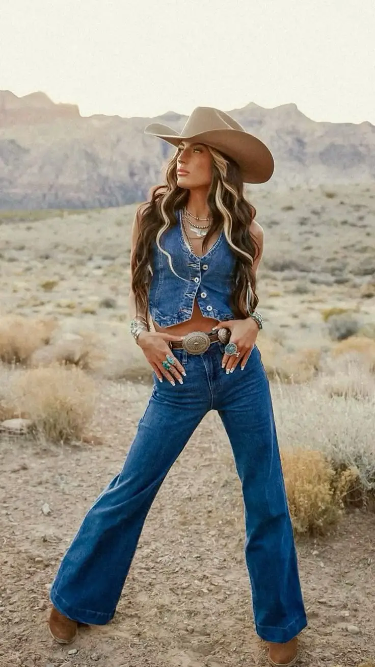 Fitted Denim Vest With Wide Leg Jeans Fitted Denim Vest With Wide Leg Jeans — Classy Cowgirl Outfits
