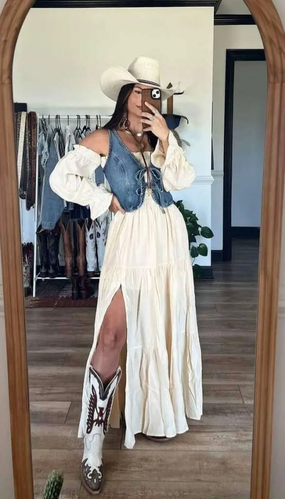 Tiered Maxi Dress With Denim Vest Tiered Maxi Dress With Denim Vest — Classy Cowgirl Outfits