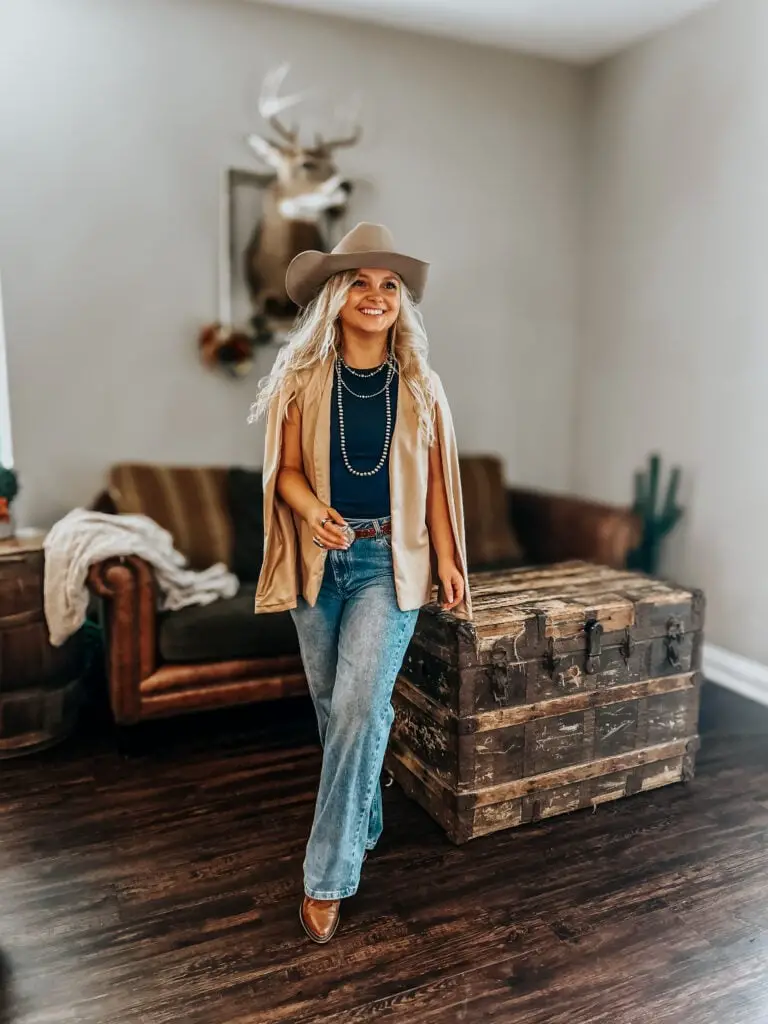 Tan Cape Blazer With Wide Leg Jeans and Brown Pointed Ankle Boots Tan Cape Blazer With Wide Leg Jeans and Brown Pointed Ankle Boots — Classy Cowgirl Outfits