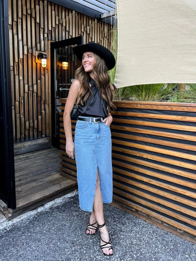 Satin Halter Top With Denim Midi Skirt and Strappy Heeled Sandals Satin Halter Top With Denim Midi Skirt and Strappy Heeled Sandals — Classy Cowgirl Outfits