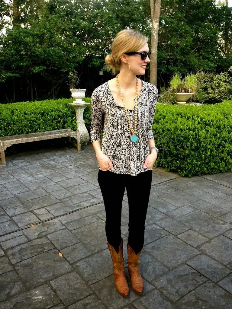Printed Cardigan Over Black Tank Top With Brown Leather Cowboy Boots Printed Cardigan Over Black Tank Top With Brown Leather Cowboy Boots — Classy Cowgirl Outfits