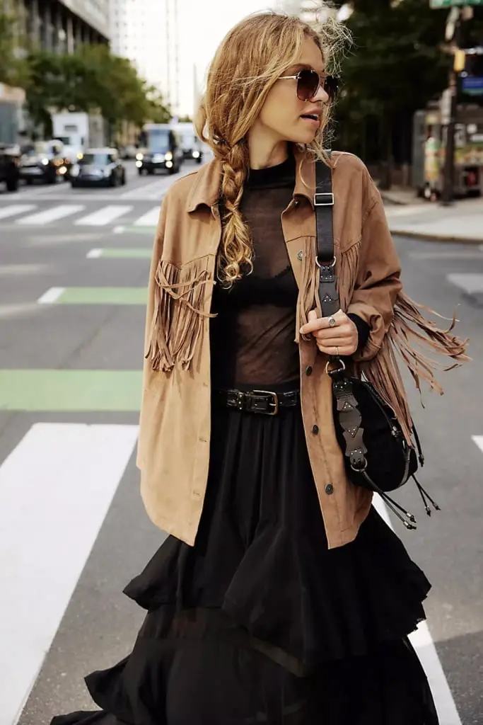 Fringe Suede Jacket With Sheer Top And Tiered, Office-Safe Version Fringe Suede Jacket With Sheer Top And Tiered, Office-Safe Version — Classy Cowgirl Outfits