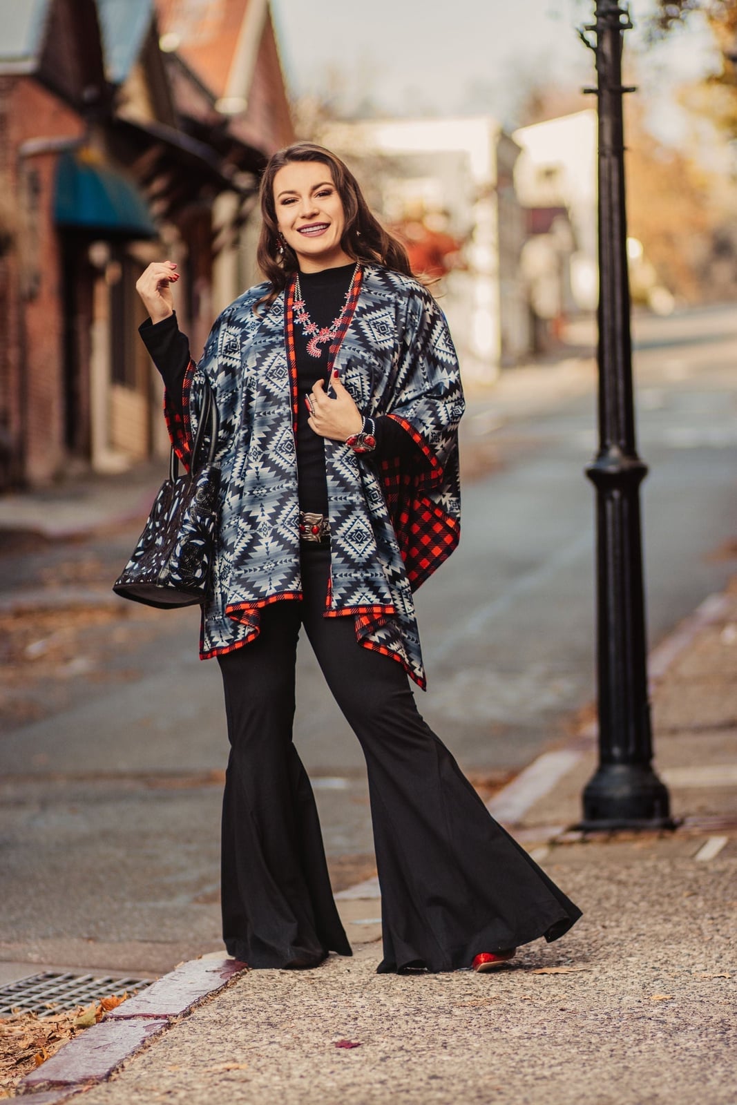 Geometric Print Kimono With Flared Pants Geometric Print Kimono With Flared Pants — Classy Cowgirl Outfits