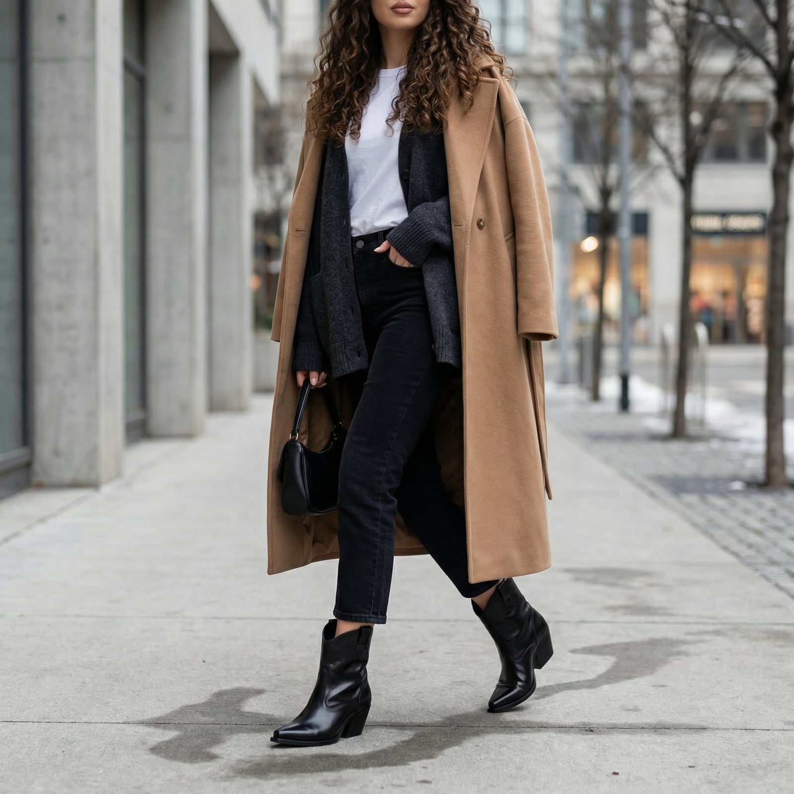 Camel Wool Coat Over Cardigan And T-shirt Camel Wool Coat Over Cardigan And T-shirt — Classy Cowgirl Outfits