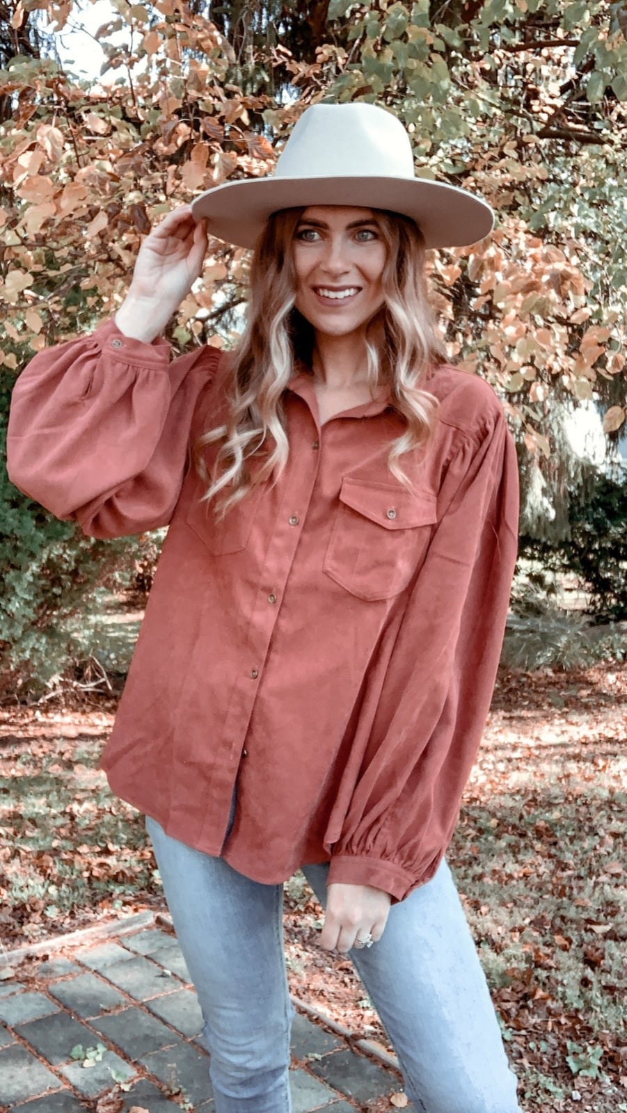 Rust Button-Up Shirt With Puffed Sleeves Rust Button-Up Shirt With Puffed Sleeves — Classy Cowgirl Outfits