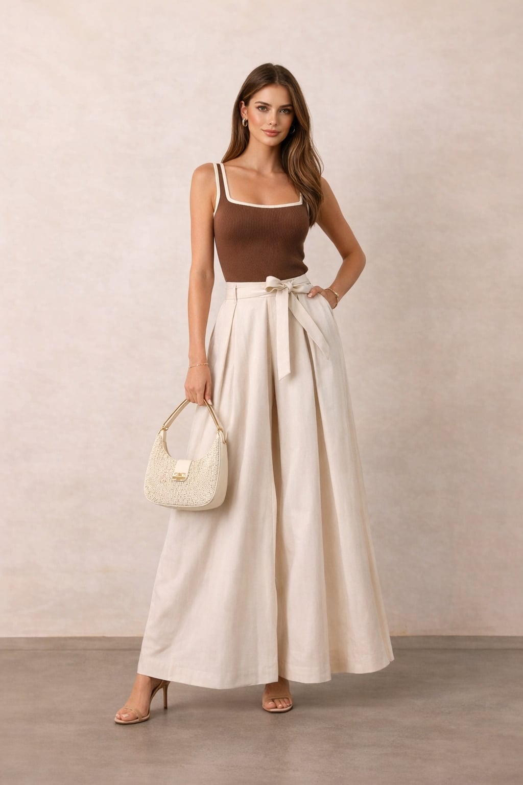 Cream Linen Pants With A Brown Trim Tank Cream Linen Pants With A Brown Trim Tank — Classy Cream Outfits