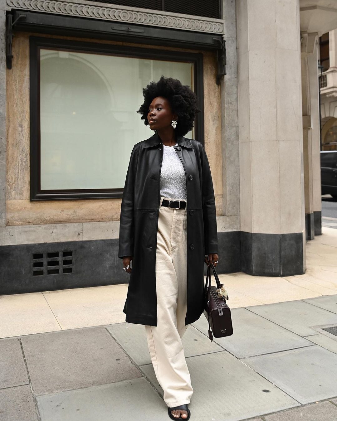 Cream Trousers With Black Leather Trench Coat Cream Trousers With Black Leather Trench Coat — Classy Cream Outfits