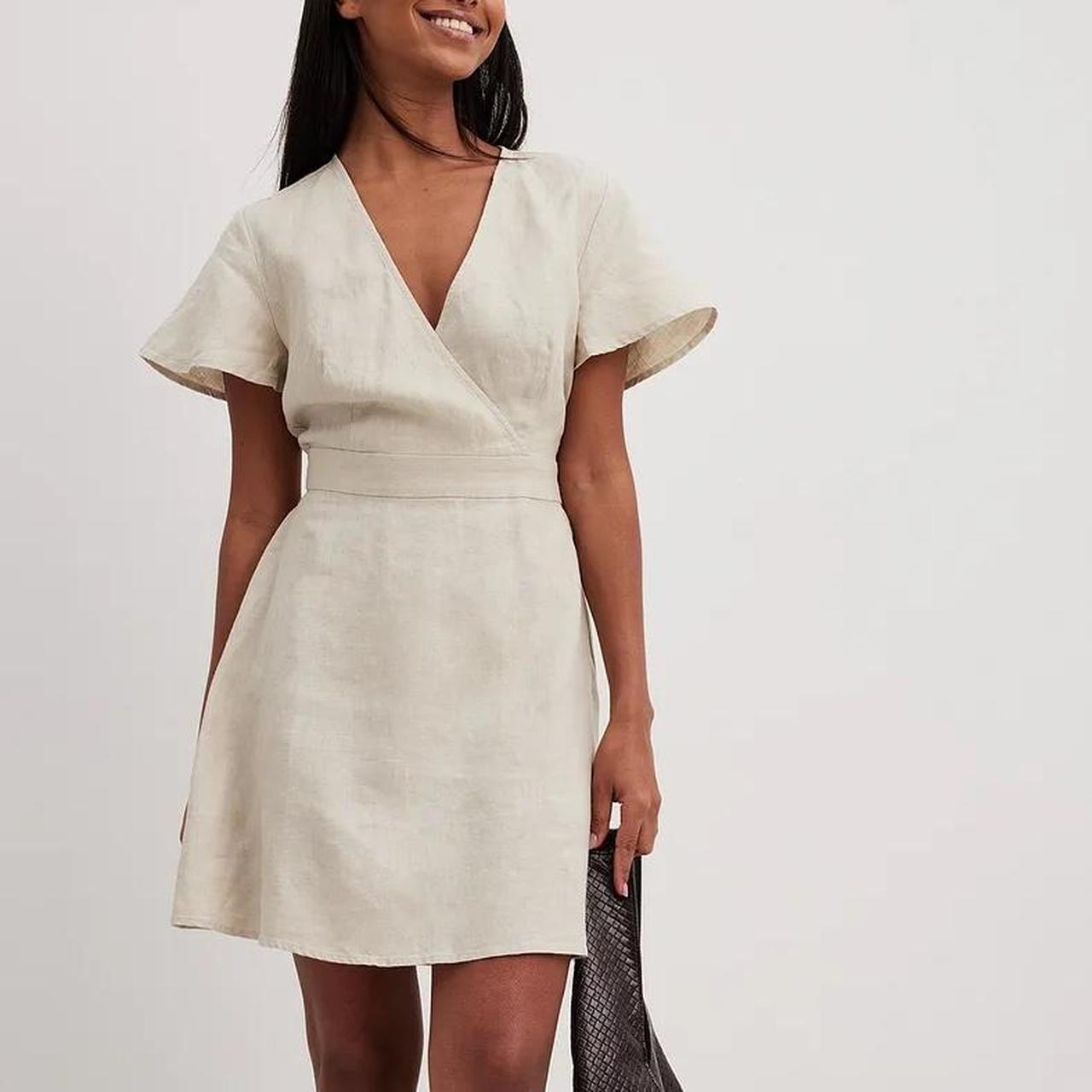 Beige Linen Wrap Mini Dress With Black Loafers Beige Linen Wrap Mini Dress With Black Loafers — Classy Cream Outfits